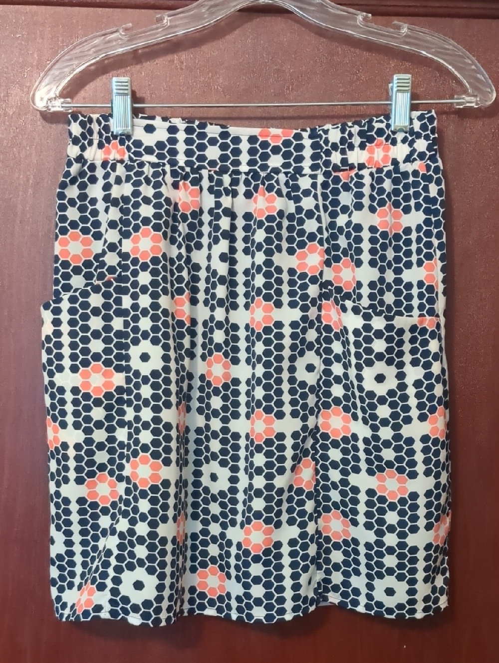 Navy and Coral Geometric Print Skirt